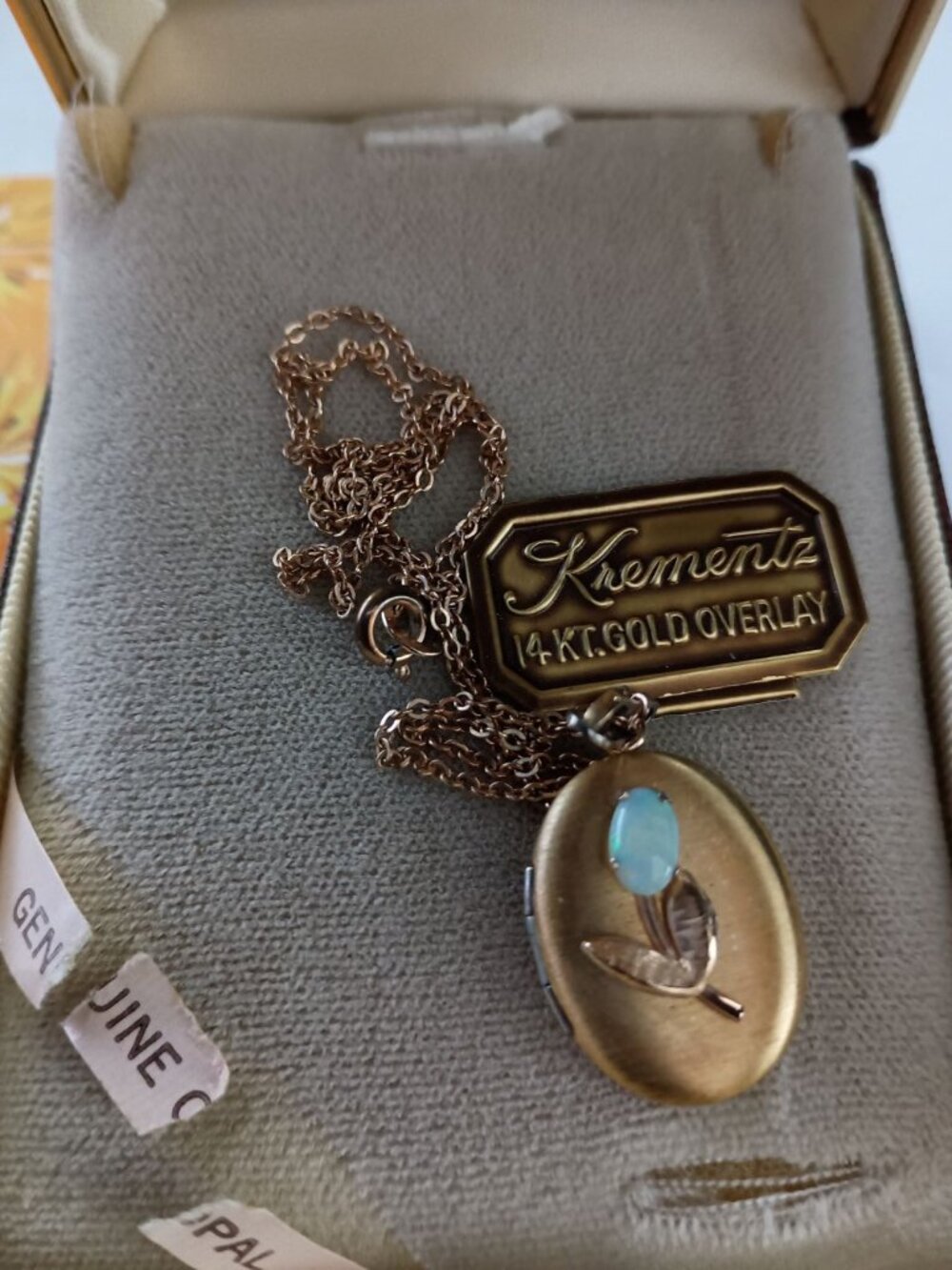 Vintage Krementz 14K Gold Overlay Opal Locket Necklace – Original Box – Shipping